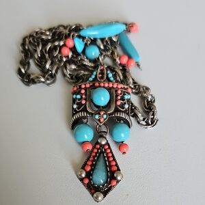 Turquoise & Coral Boho Vintage Pendant Necklace - Women's Jewelry